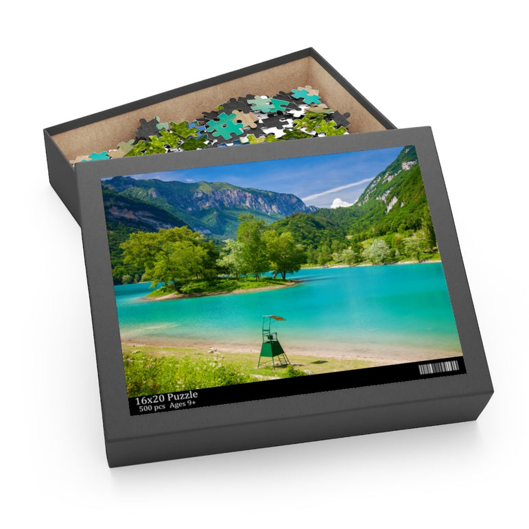 Small Island in the beautiful mountain Tenno lake, Trentino, Italy - Jigsaw Puzzle