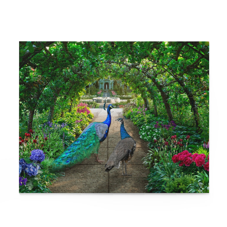 Peacocks walks through a green garden full of irises and hydrangeas - Jigsaw Puzzle