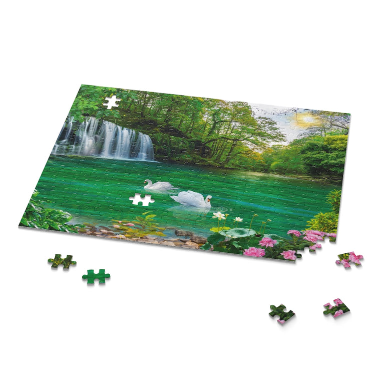 Waterfalls and lakes on a sunny afternoon in a forest - Jigsaw Puzzle