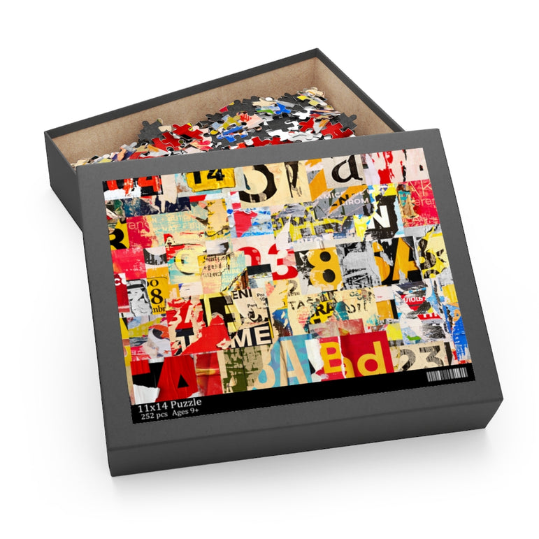 Numbers and letters ripped torn advertisement - Collage - Jigsaw Puzzle