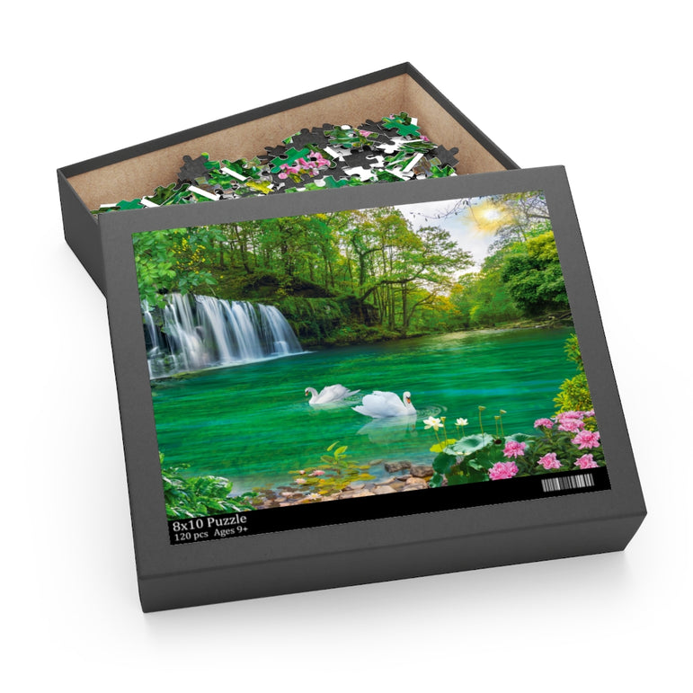 Waterfalls and lakes on a sunny afternoon in a forest - Jigsaw Puzzle