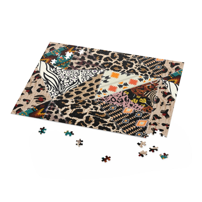 Patchwork leopard and zebra design pattern, leopard and ethnic pattern - Jigsaw Puzzle