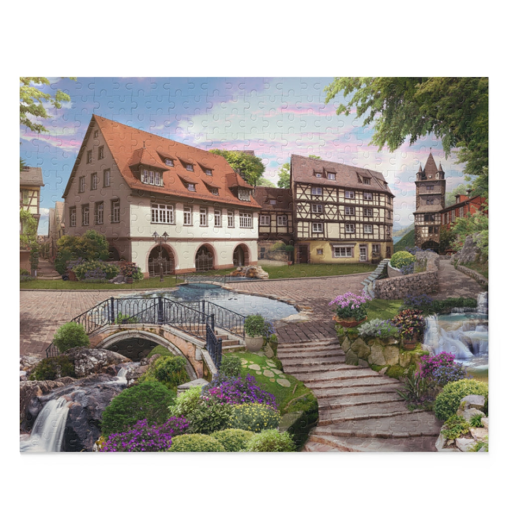 Beautiful street view with a lake and waterfalls - Jigsaw Puzzle