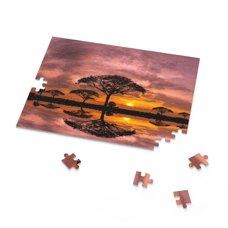 Sunset with acacia trees in Masai Mara, Kenya - Jigsaw Puzzle