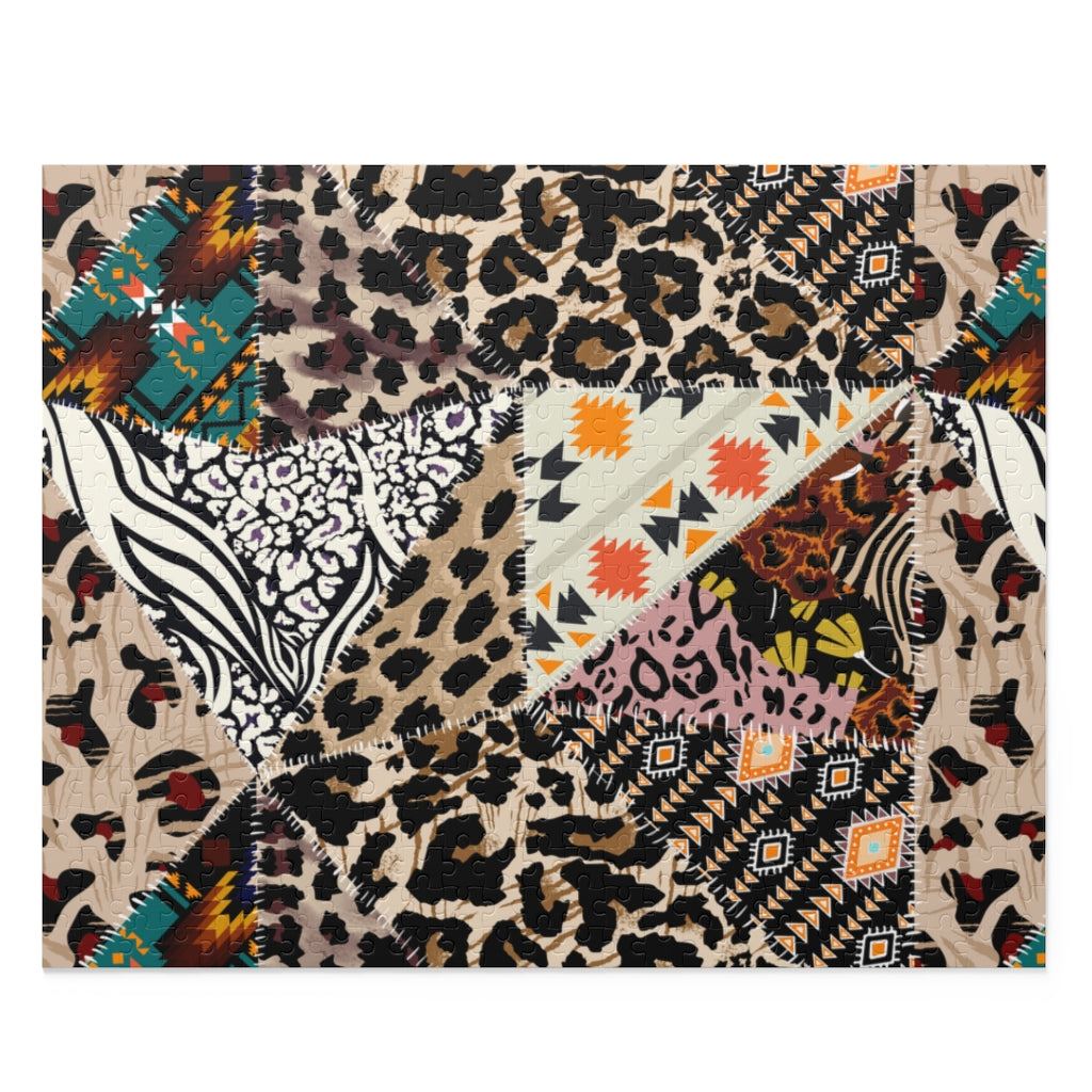 Patchwork leopard and zebra design pattern, leopard and ethnic pattern - Jigsaw Puzzle