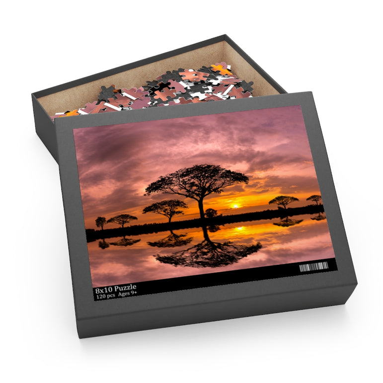 Sunset with acacia trees in Masai Mara, Kenya - Jigsaw Puzzle