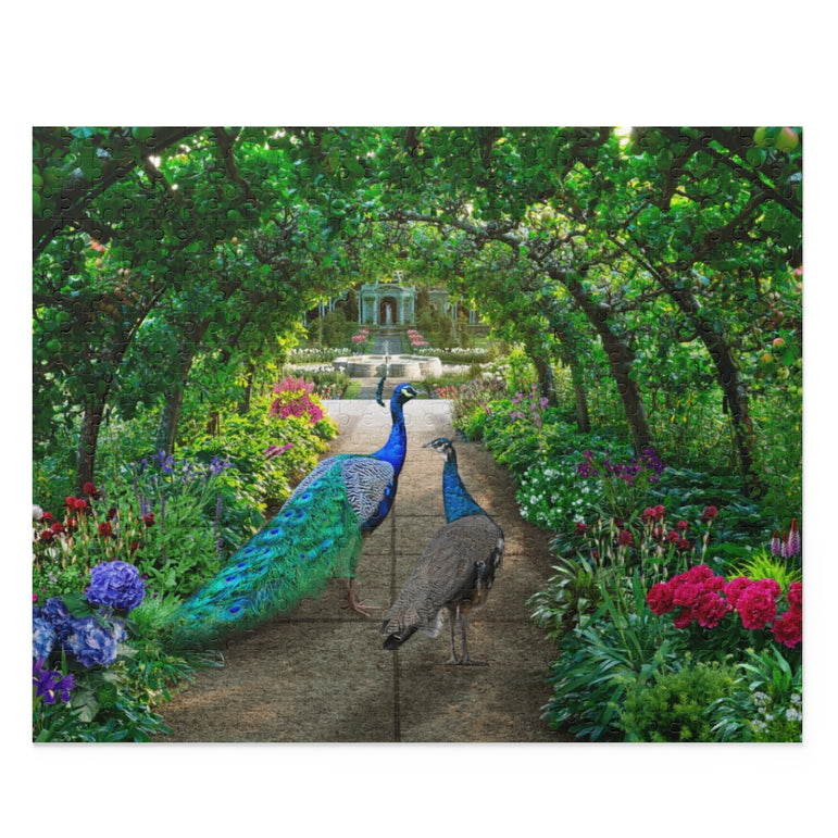 Peacocks walks through a green garden full of irises and hydrangeas - Jigsaw Puzzle