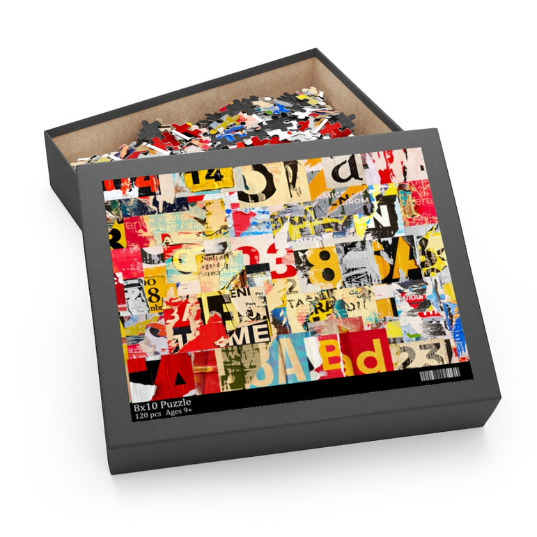 Numbers and letters ripped torn advertisement - Collage - Jigsaw Puzzle