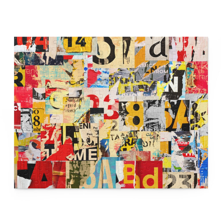 Numbers and letters ripped torn advertisement - Collage - Jigsaw Puzzle