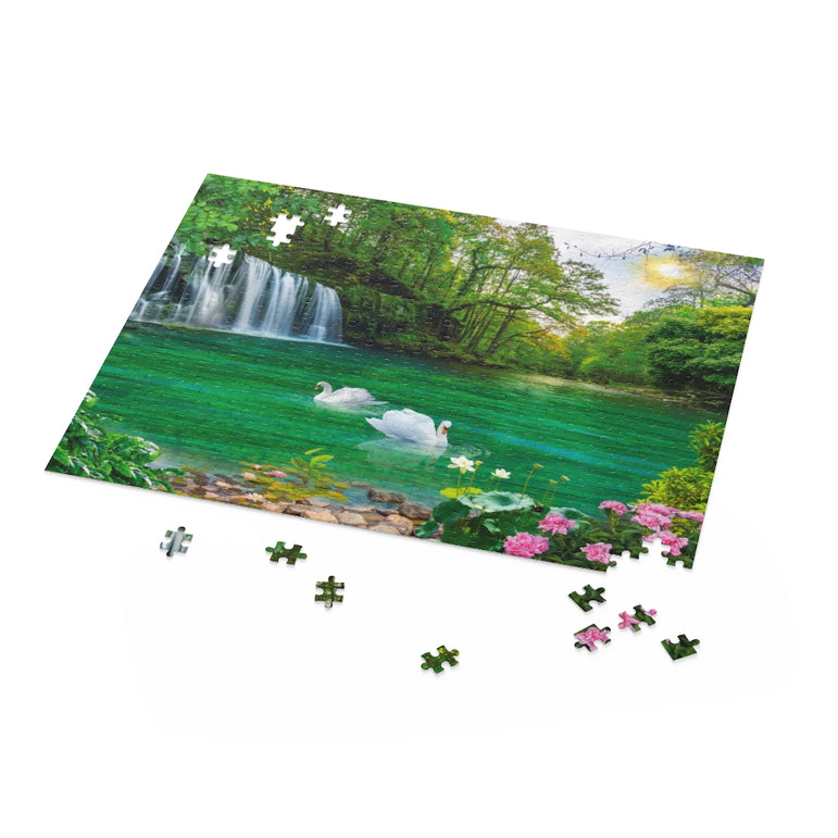 Waterfalls and lakes on a sunny afternoon in a forest - Jigsaw Puzzle