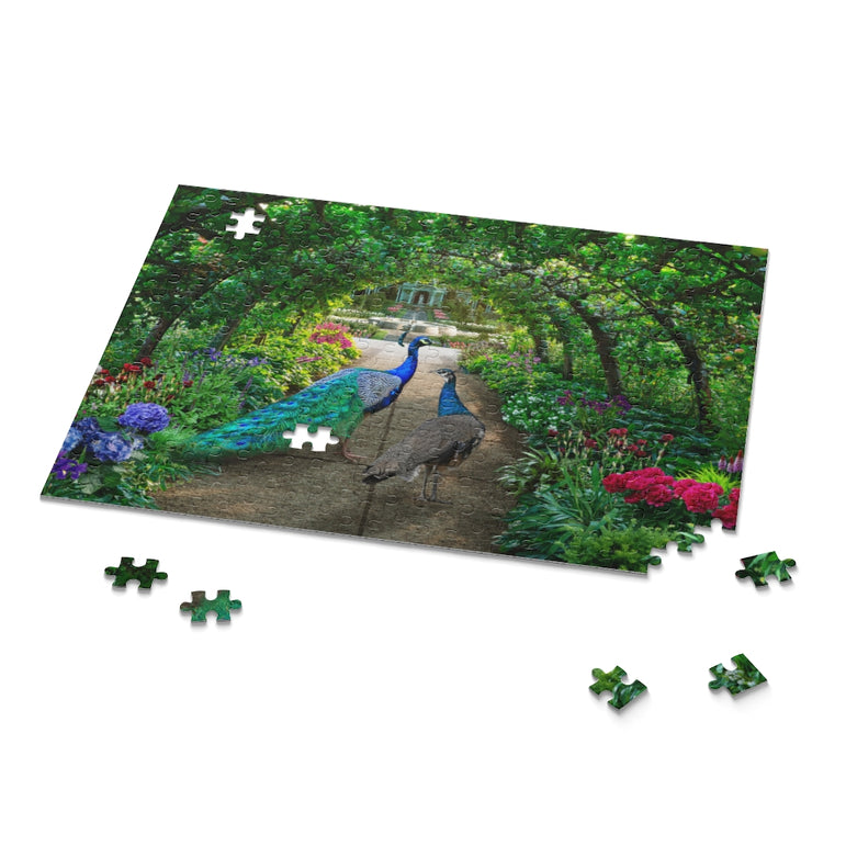 Peacocks walks through a green garden full of irises and hydrangeas - Jigsaw Puzzle