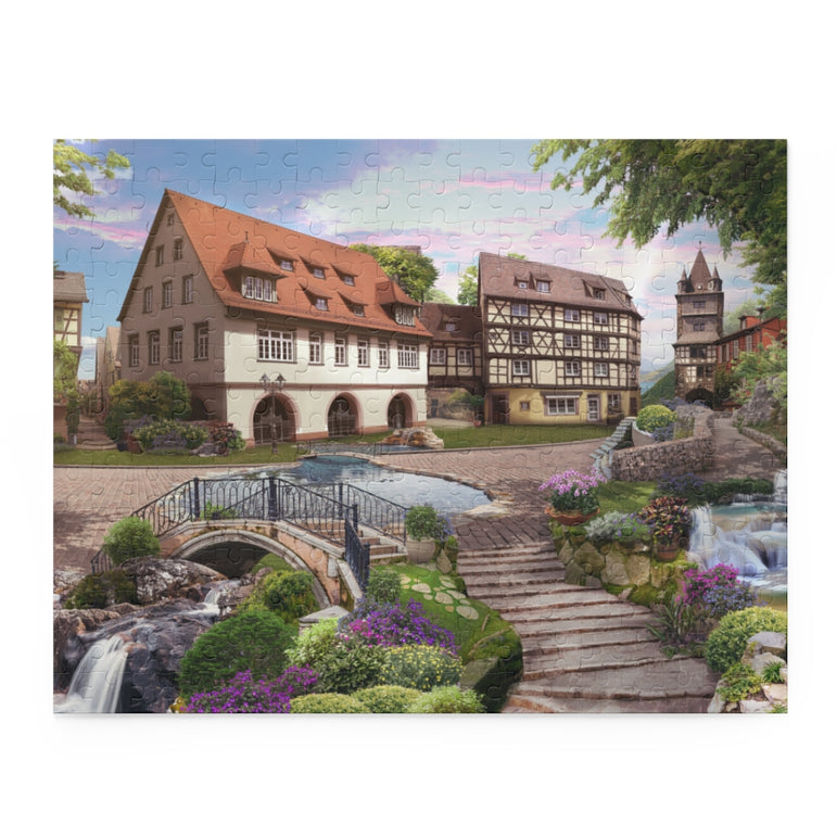 Beautiful street view with a lake and waterfalls - Jigsaw Puzzle