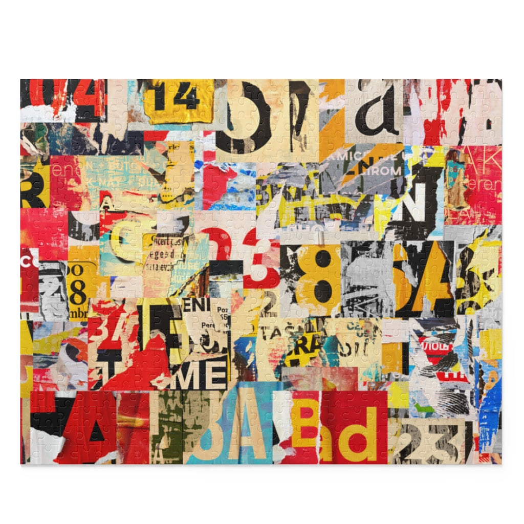 Numbers and letters ripped torn advertisement - Collage - Jigsaw Puzzle